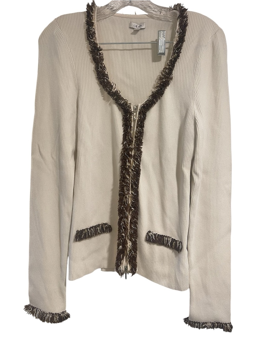 Y2K Cache Cream Cardigan Brown Gold Fringe Trim Pockets Old Money Couture Large
